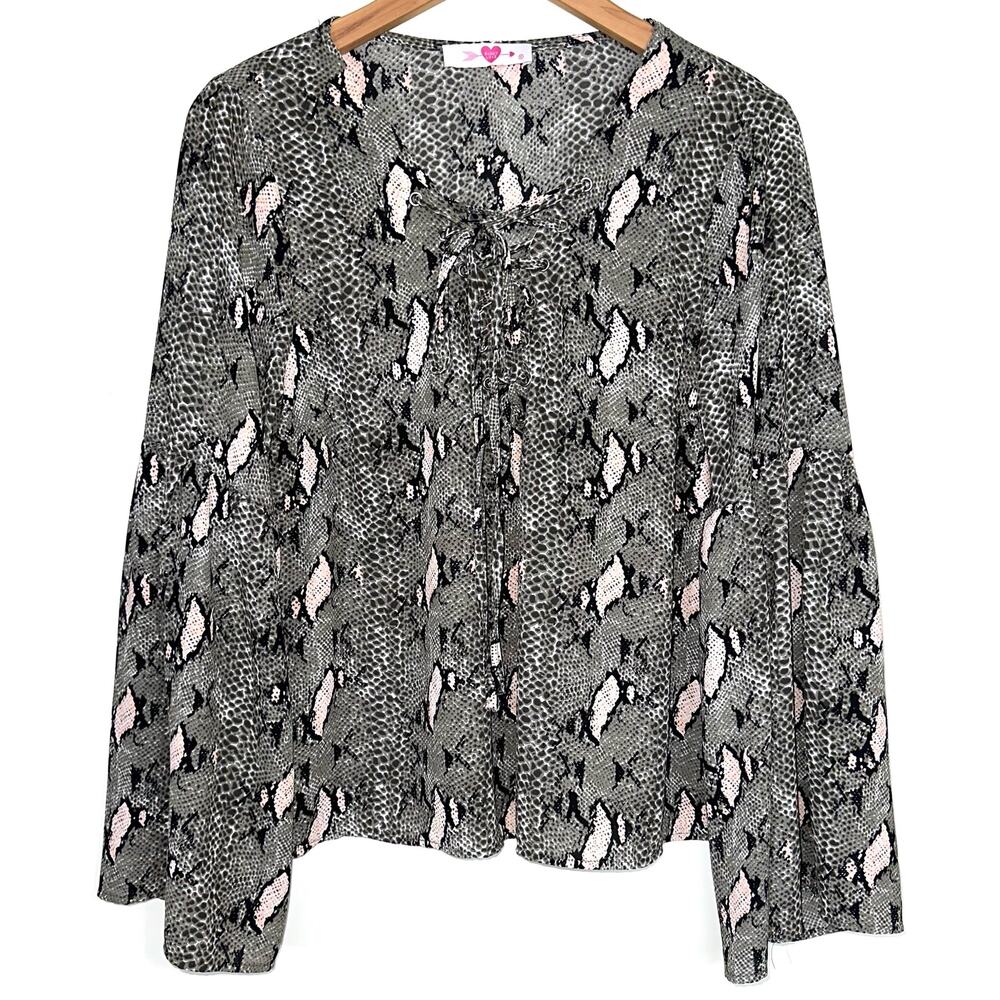 Buddy Love Snakeskin Lace Up Bell Sleeve Top Size Medium